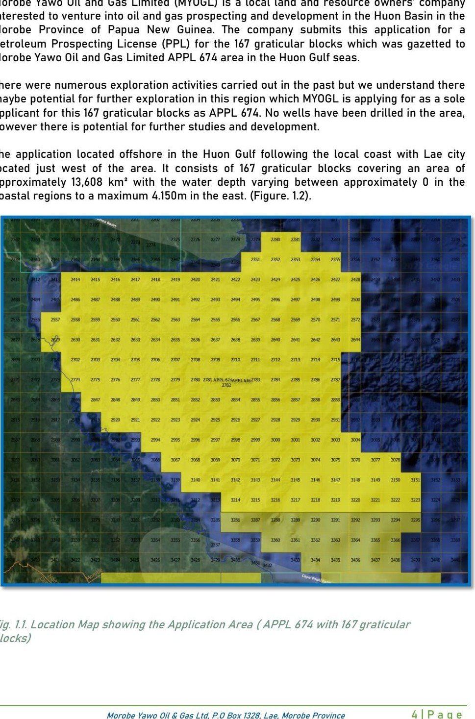 APPL 674 application area map showing offshore Huon Basin context in Papua New Guinea